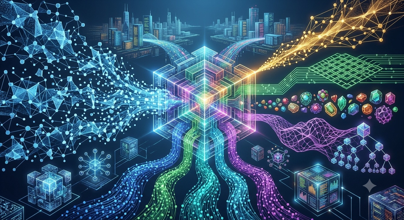A crystalline data cube at the center of converging streams — raw sources flow in, a data product flows out as new services, marketplaces, and applications. The visual thesis of a sovereign data strategy.
