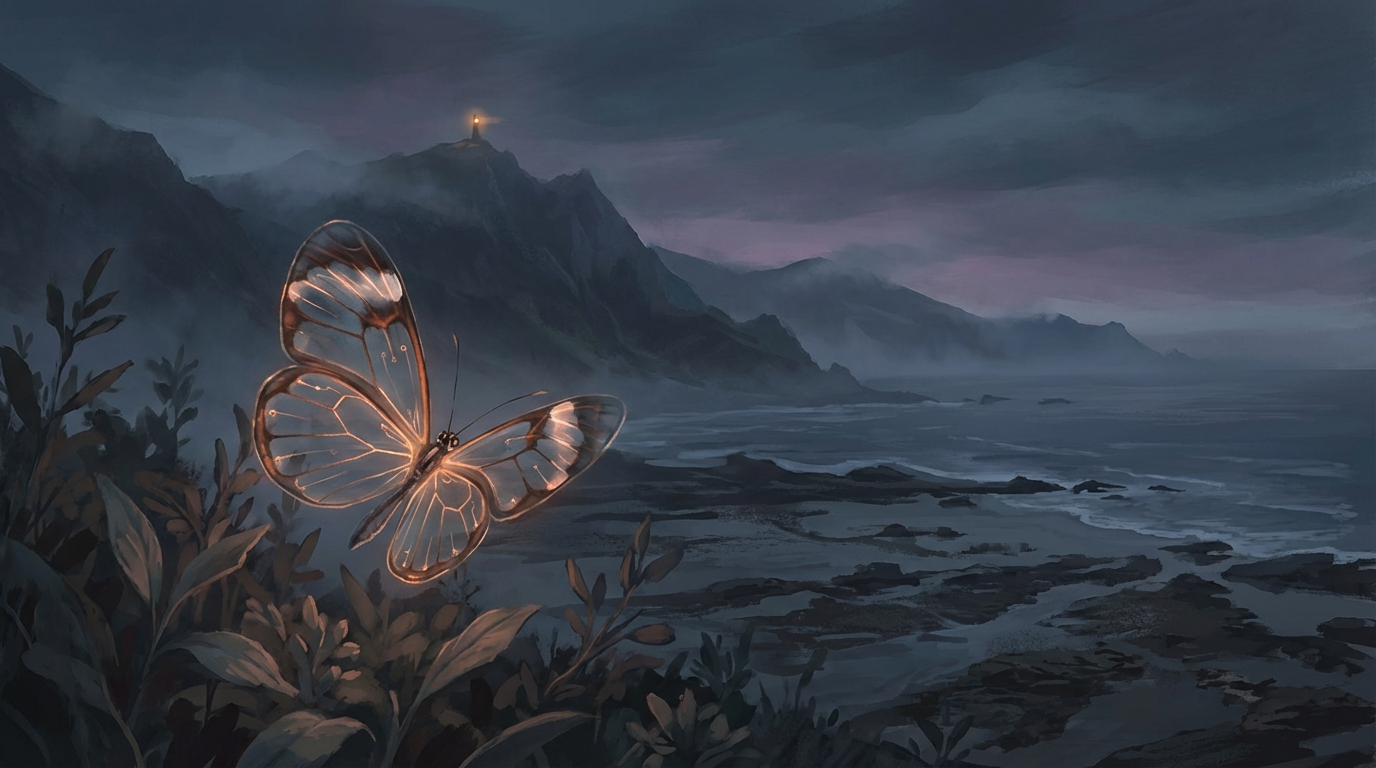 A glasswing butterfly with transparent wings hovers before a dark mountain landscape, ocean retreating in the distance