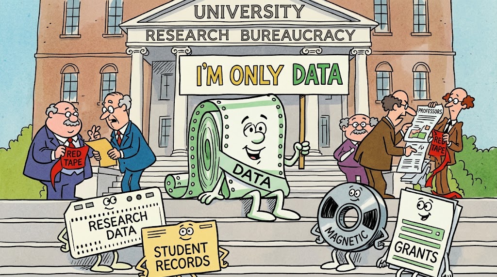 A cartoon in the Schoolhouse Rock style: a smiling roll of green-bar continuous-feed paper labeled DATA sits on the steps of a building marked UNIVERSITY RESEARCH BUREAUCRACY, beneath a banner reading I'M ONLY DATA. Administrators in suits hold lengths of red tape. Around the steps stand other cheerful characters labeled RESEARCH DATA, STUDENT RECORDS, MAGNETIC tape reel, and GRANTS.