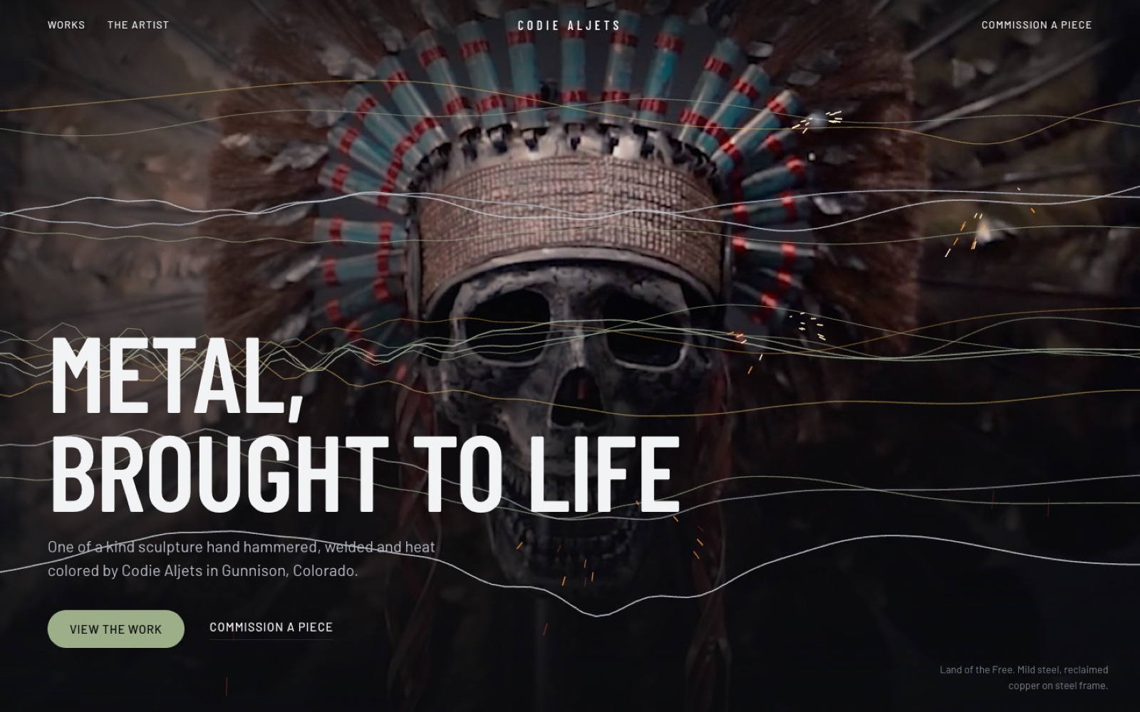 The new Codie Aljets home page: a steel skull sculpture wearing a headdress fills the screen behind the words Metal, Brought to Life, with View the Work and Commission a Piece buttons