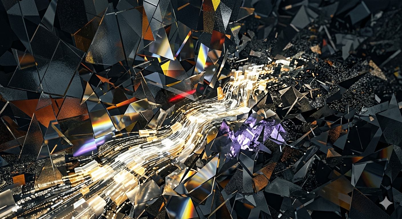 A chaotic field of dark, faceted shards pierced by a central stream of luminous light