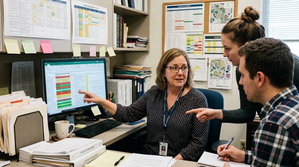 An enrollment manager at her desk points to a color-coded spreadsheet on her monitor while two colleagues lean in, surrounded by binders, printouts and sticky notes.