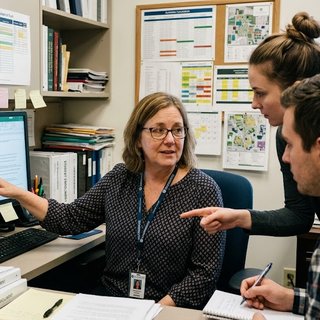 An enrollment manager points to a color-coded spreadsheet on her monitor while two colleagues lean in